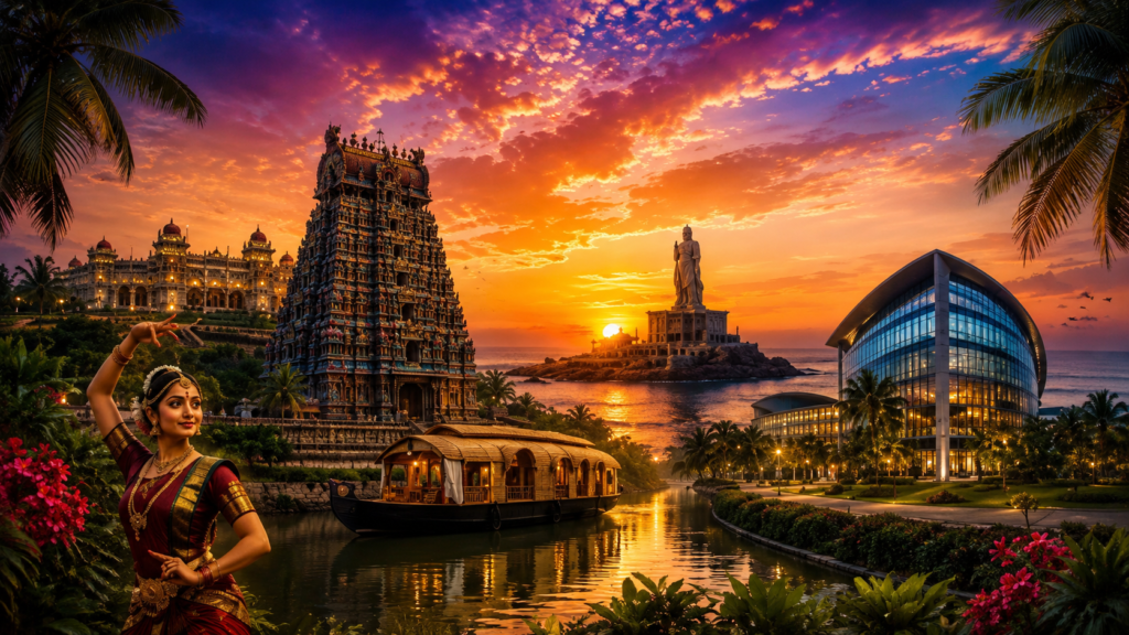 The image is a South India tourism promotional banner designed to showcase the region’s cultural heritage, natural beauty, spirituality, and modern travel experiences. It combines temples, a traditional Indian classical dancer, a Kerala-style houseboat, coastal scenery, and a modern building to attract tourists and promote South India tour packages and travel services.